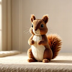 Cute squirrel, fabric plush toy, minimalistic model, isolated on white background.