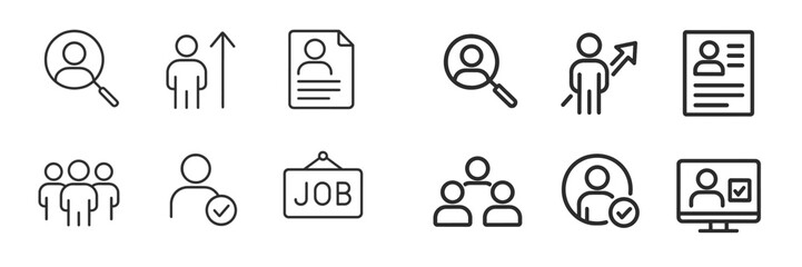 Icons representing job search activities including profile search, resume building, and networking connections