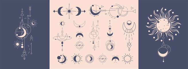 Various celestial symbols including suns, moons, and stars arranged artistically on a neutral background, showcasing intricate patterns and designs. Ideal for art enthusiasts and designers.