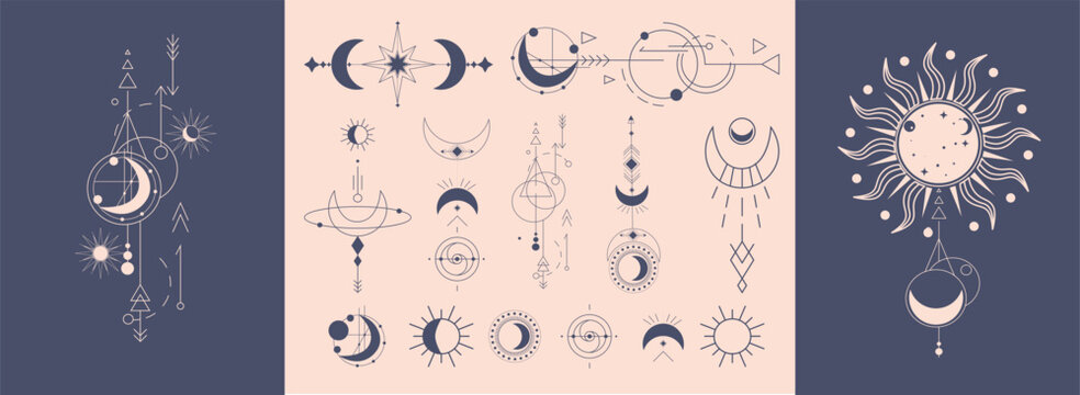 Various celestial symbols including suns, moons, and stars arranged artistically on a neutral background, showcasing intricate patterns and designs. Ideal for art enthusiasts and designers.