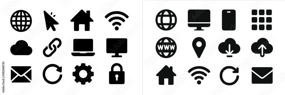 Aufkleber collection of black and white digital icons representing technology and communication concepts for w