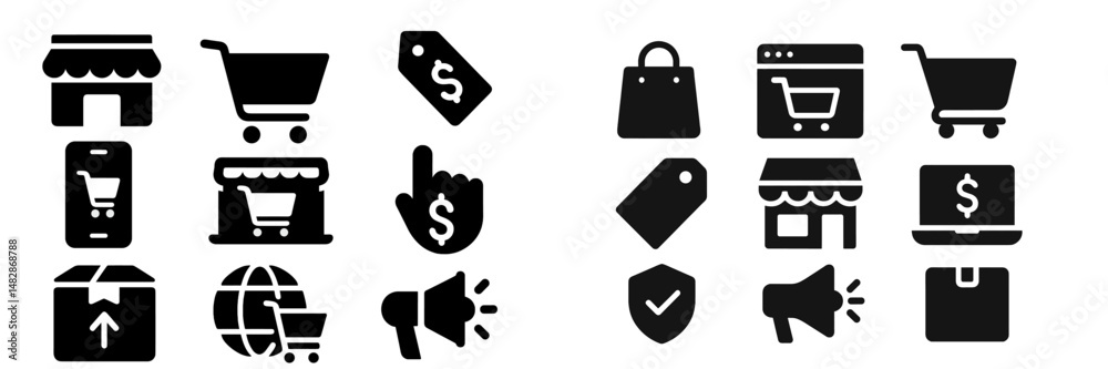 Poster illustrations of shopping symbols representing online and offline retail experiences and transaction