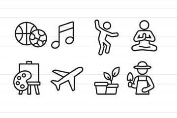 Fototapeta premium Icons representing various activities and hobbies including sports, music, arts, and gardening