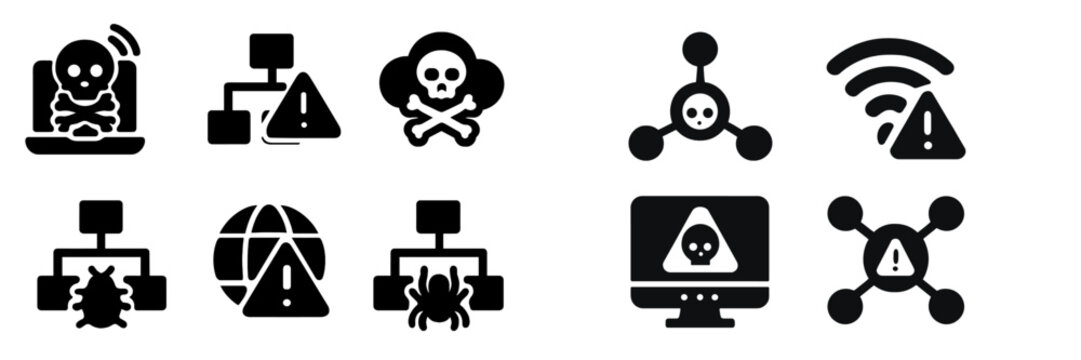 Collection of glyphs representing various cyber threats and security warnings in a digital context