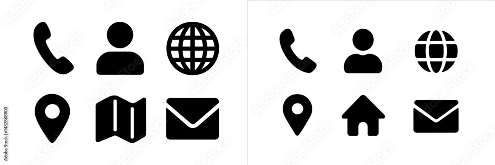 Poster icons representing contact and communication methods, including phone and email, on a minimalistic d