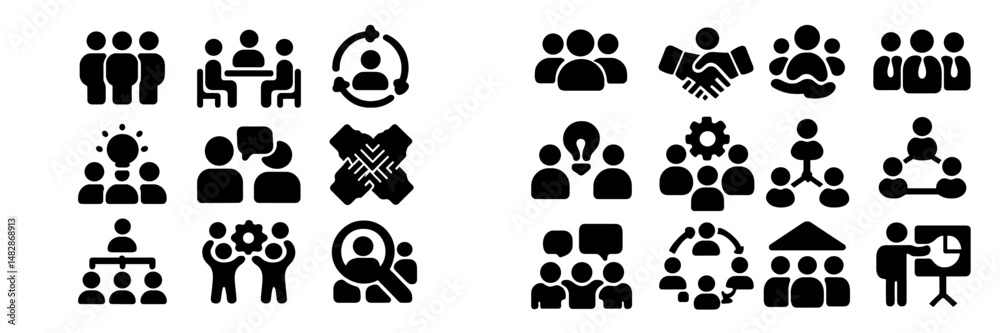 Aufkleber various icons representing teamwork, collaboration, and communication in diverse settings