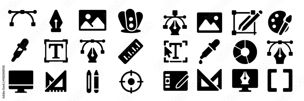 Aufkleber graphic design tools and icons displayed in a minimalist style for creative professionals working in