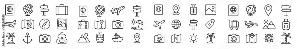Poster collection of travel and tourism icons featuring various symbols related to exploration and adventur
