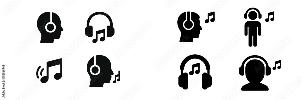 Poster various music and headphone icons representing listening activities and sound enjoyment in a modern 