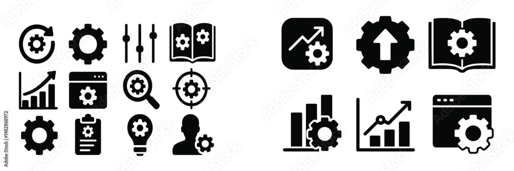 Poster collection of black gear and graph icons representing productivity, analysis, and business developme