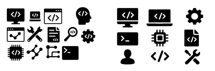 Collection of programming and coding icons showcasing varied tools and elements used in software development