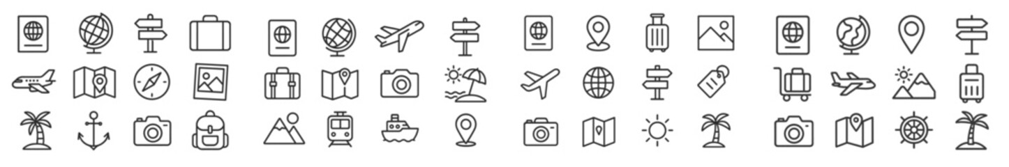Collection of travel and tourism icons featuring various symbols related to exploration and adventure in a clean design