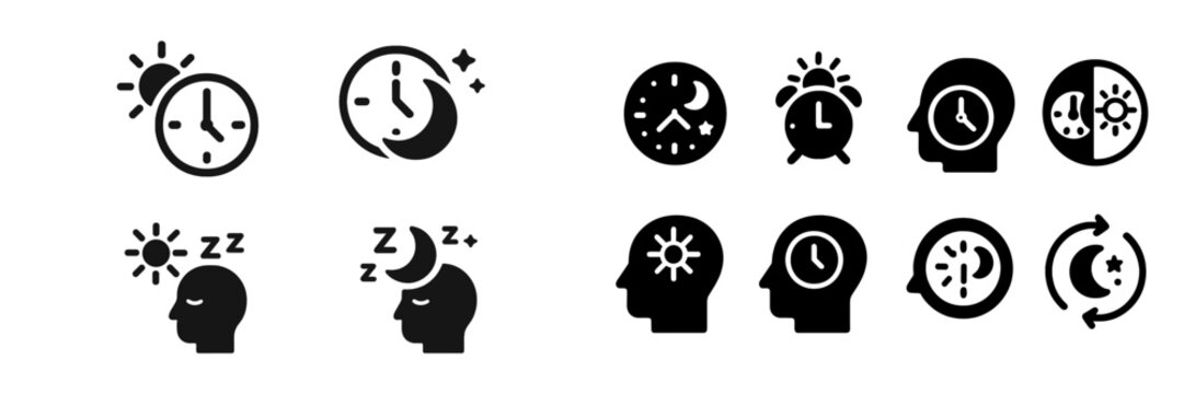 Various symbols depicting time concepts, sleep, and daily routines in a minimalist design