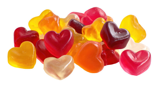 Sugar gummy jelly cubes hearts bears chewy candy on white background

