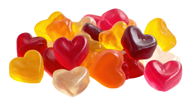 Sugar gummy jelly cubes hearts bears chewy candy on white background

