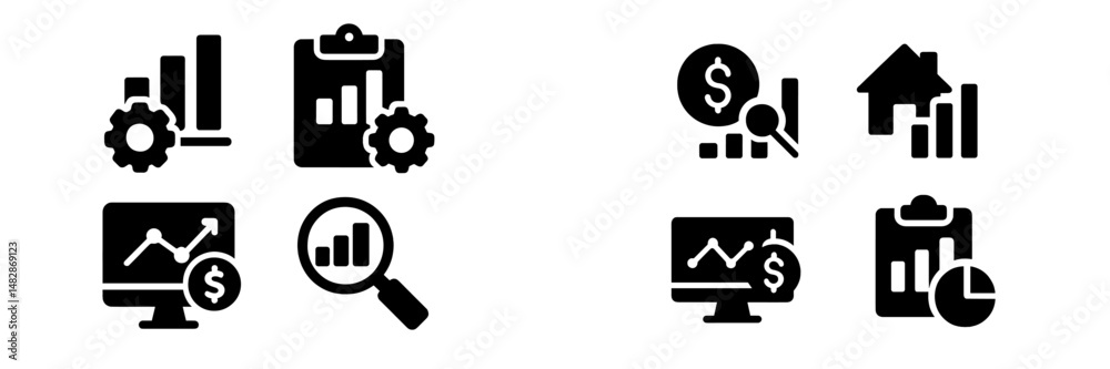 Poster business data analytics icons display various metrics, graphs, and tools for performance tracking in
