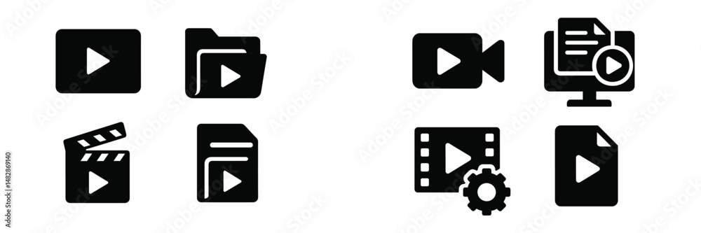 Poster collection of multimedia icons representing video, files, and editing tools for digital content crea