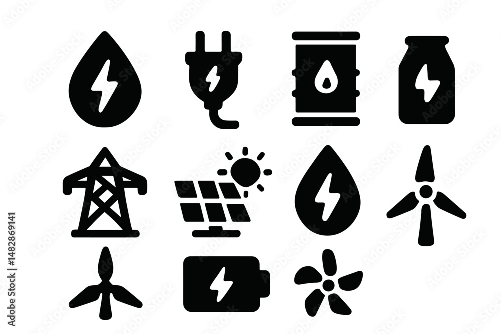Poster energy icons showcasing renewable and non-renewable resources with symbols of power generation and s