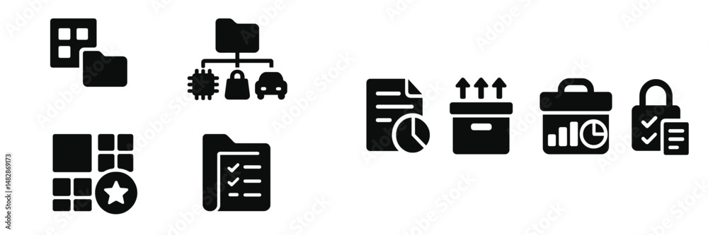 Fototapete icons representing various aspects of technology and data management displayed in a monochromatic de