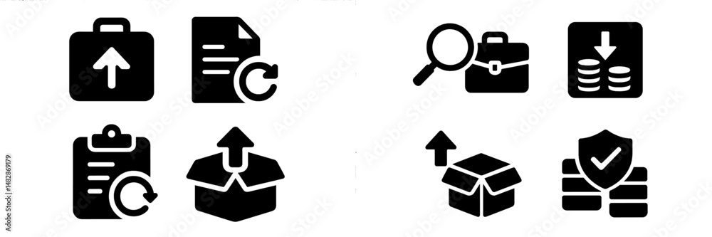Poster collection of icons representing business activities such as uploading, organizing, and managing doc