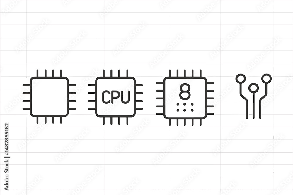 Aufkleber Illustration of processor designs showcasing a CPU and circuit connections with clear lines on a plain background