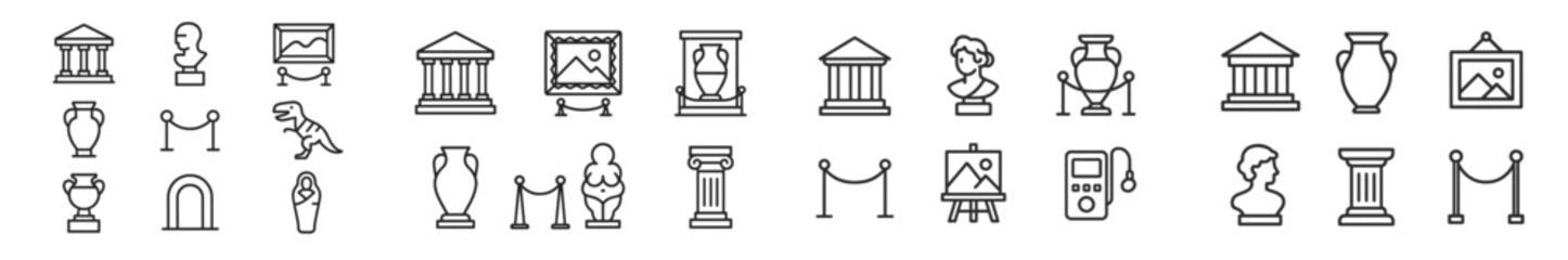 Collection of various museum icons representing art pieces, sculptures, and exhibits in a minimalist style