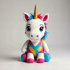 Cute unicorn fabric plush toy on a white background.