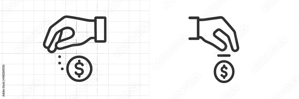 Aufkleber Hand dropping a coin symbolizing investment or savings in minimalistic style on a grid background