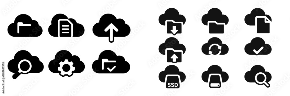 Poster cloud storage icons representing various features and functions for digital file management and coll