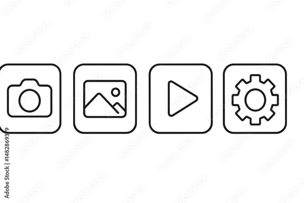 Poster icons representing different types of media and functions prominently displayed on a grid layout in 
