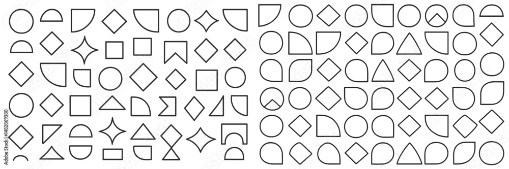 Poster multiple geometric shapes and patterns created with simple outlines displayed in a grid format for d
