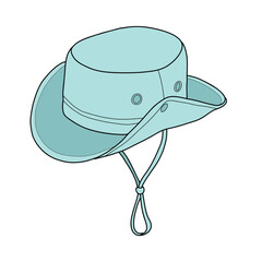 Vector illustration of a light blue summer hat with wide brim and chin strap, panama. Stylish sun protection accessory for outdoor activities, hiking, camping, and travel. Isolated on white.
