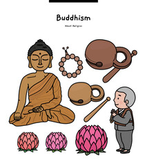 This illustration is about Buddhism. It is a wooden table, a bead, and a lotus used in Buddhas, monks, and temples.