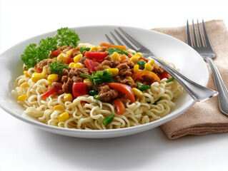 a plate with a dish of noodles, pieces of minced meat, and vegetables, mainly corn. A fork and a folded napkin on the side. White background.

