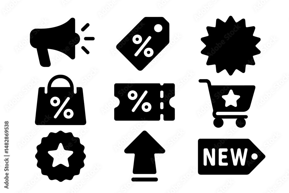 Poster promotional icons representing various sales and discounts in a digital marketplace environment
