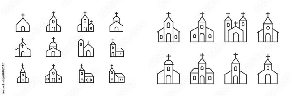 Poster Various simple line drawings of churches showcasing different architectural designs and styles in a minimalist format