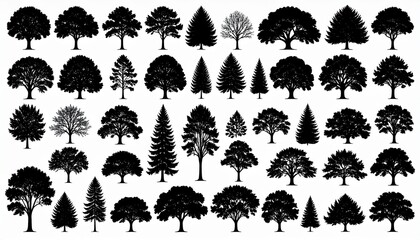 Big set of tree silhouettes. Trees of different natural zones, vector illustration. 