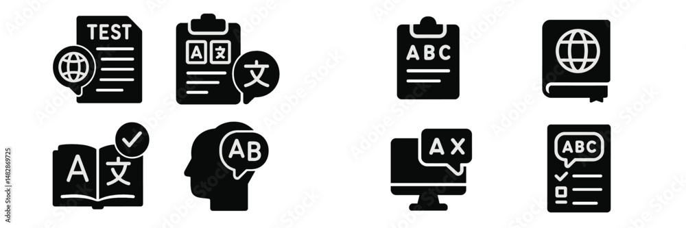Poster educational icons representing language testing and assessment tools for students and teachers in a 