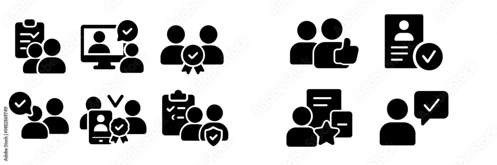 Poster vector icons illustrating teamwork, assessment, and communication in a professional setting