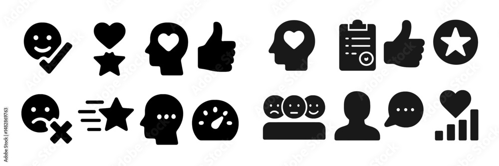 Poster collection of diverse symbols representing emotions, feedback, and communication in a modern design 