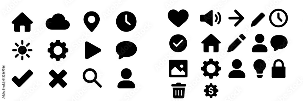 Poster icon collection representing various digital actions and elements suitable for user interface design