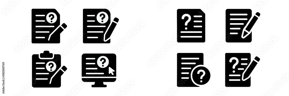 Fototapete multiple black and white icons representing documents, notes, and queries indicating different types