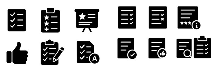 Collection of checklist icons showing various tasks and evaluations for organized management and planning