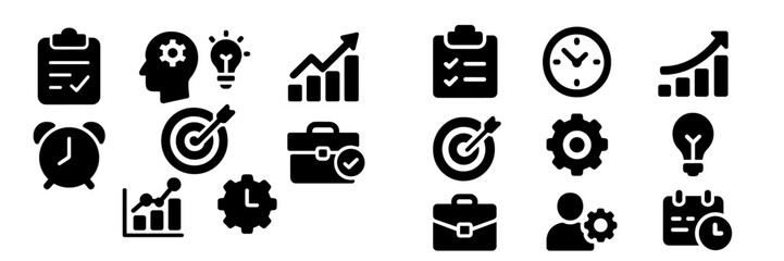 Icons representing business strategy, productivity, and time management focusing on growth and organization processes