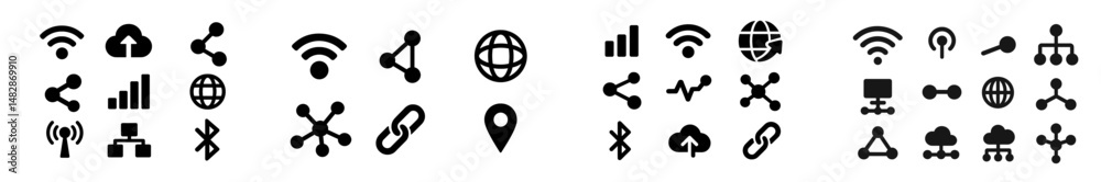Fototapete Collection of technology icons representing connectivity, data sharing, and networking concepts in black and white design