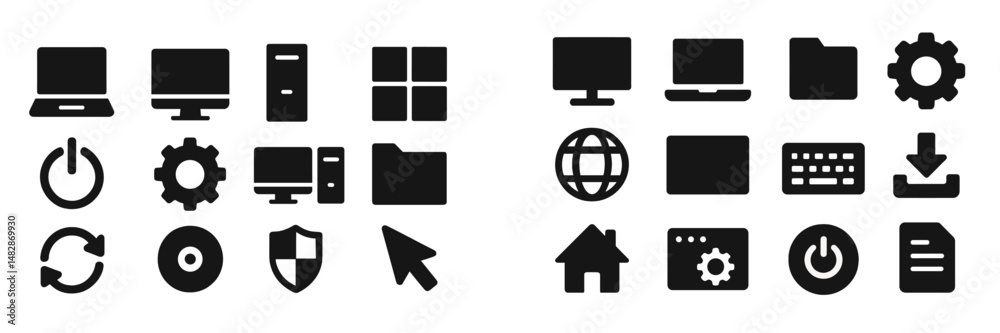 Poster silhouettes of various computer icons arranged in two distinct sections for visual clarity and ease 