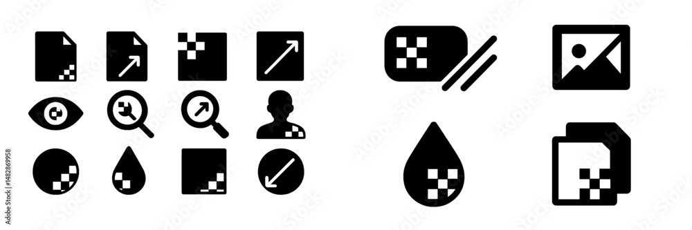 Poster collection of black and white icons representing various digital actions and features on a user inte