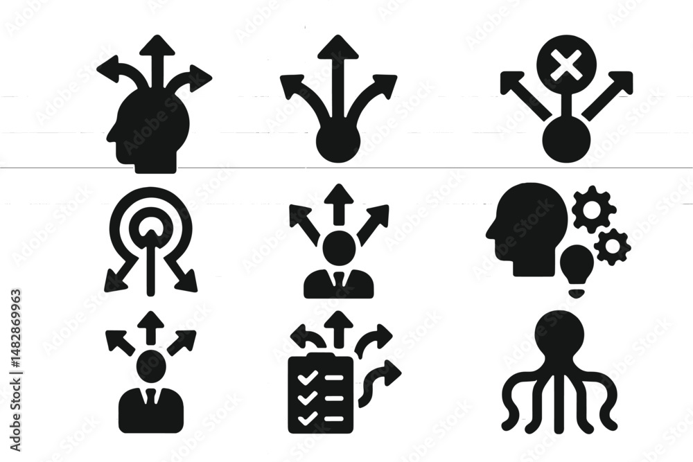 Poster Collection of black icons representing decision making, brainstorming, and strategy concepts on a lined background