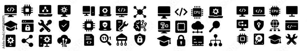 Poster collection of black and white technology icons showcasing various digital concepts including securit