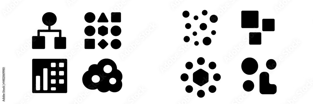 Poster black icons representing various shapes and data visualizations in a minimalistic style arranged in 
